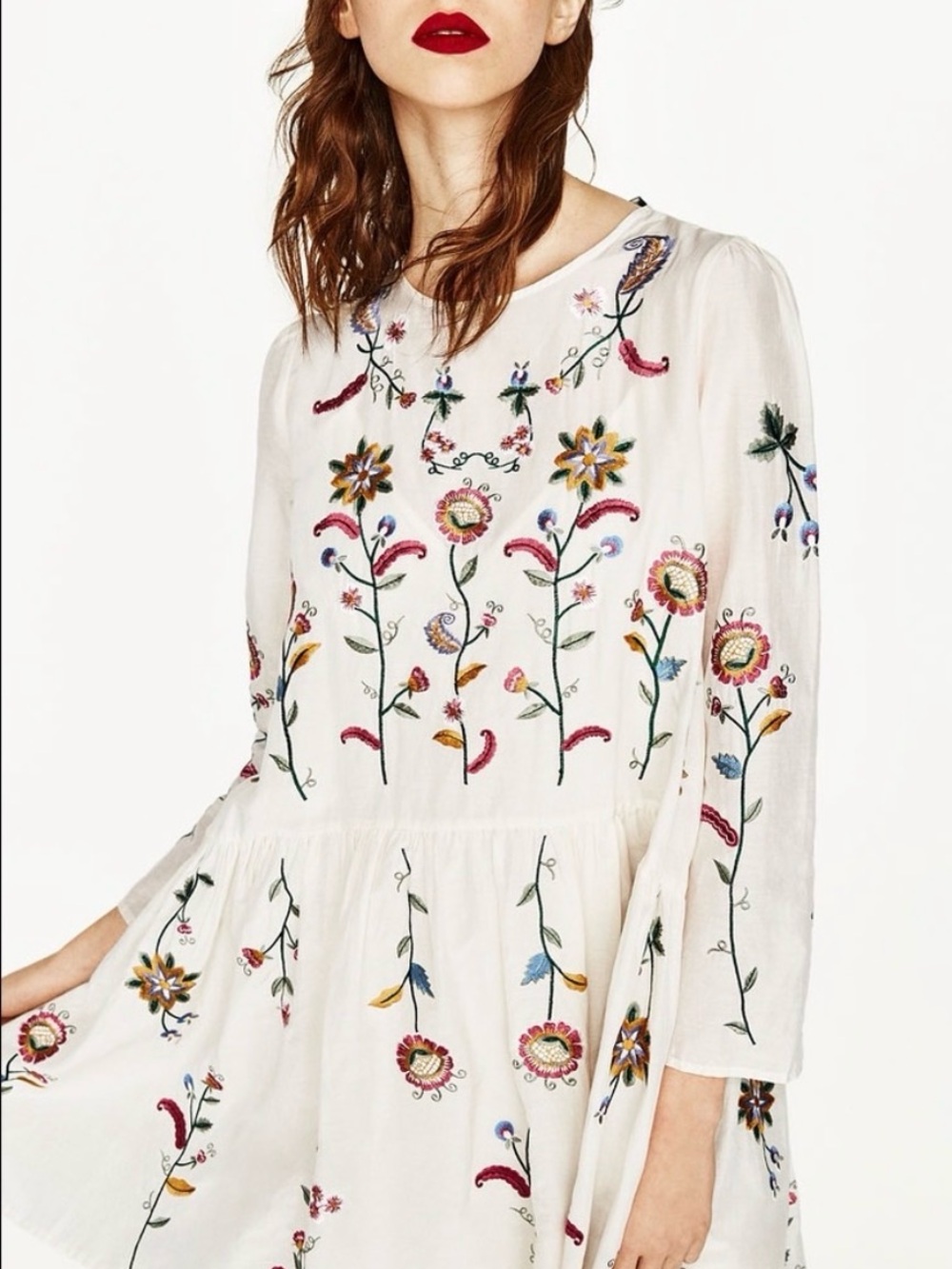 Zara Cotton & Mulberry Silk Long-Sleeve Floral Embroidered Cream Dress - Size S